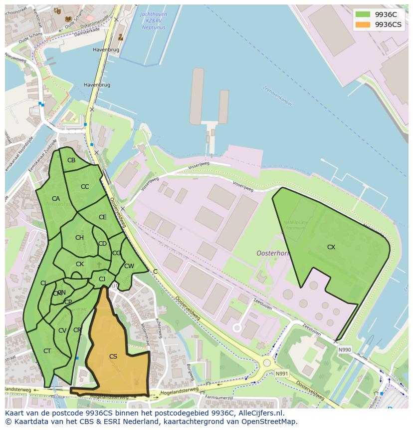 Afbeelding van het postcodegebied 9936 CS op de kaart.
