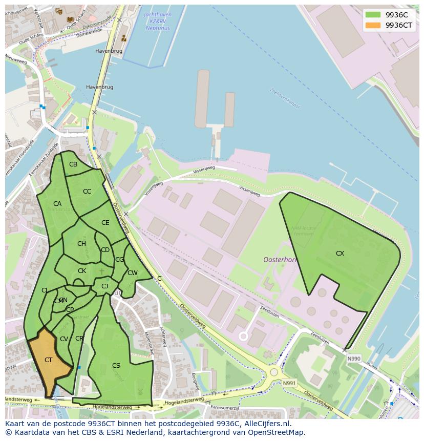 Afbeelding van het postcodegebied 9936 CT op de kaart.