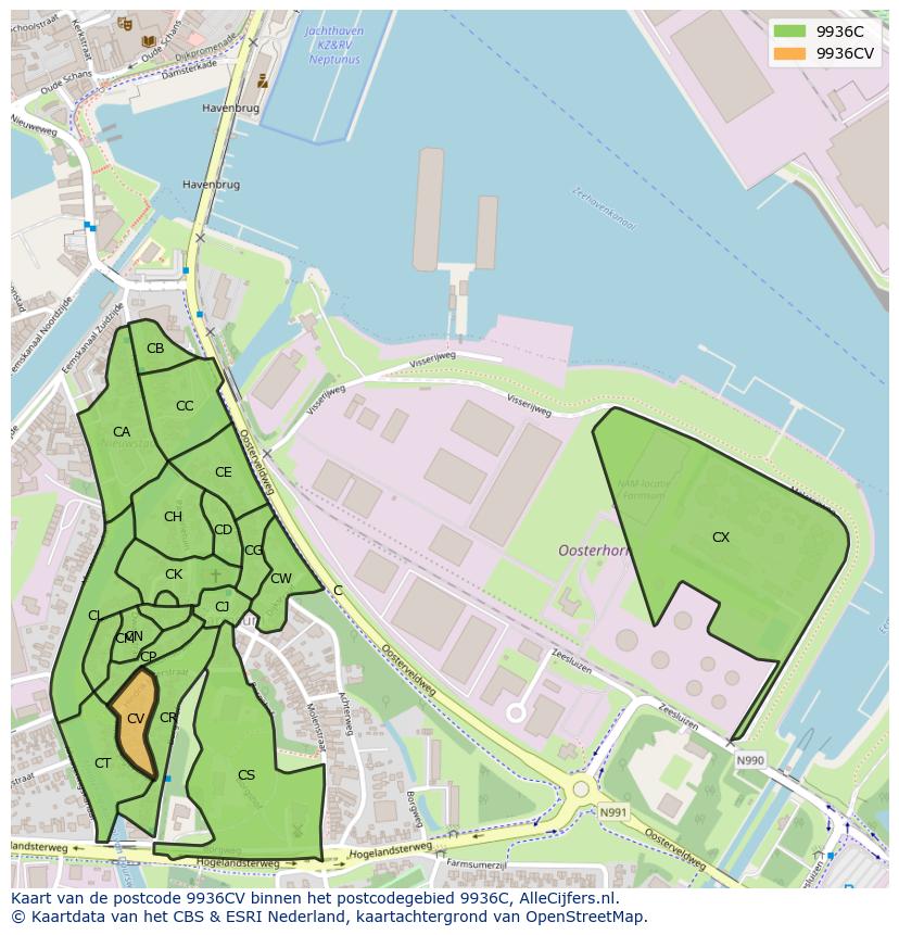 Afbeelding van het postcodegebied 9936 CV op de kaart.