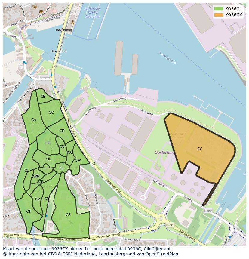 Afbeelding van het postcodegebied 9936 CX op de kaart.