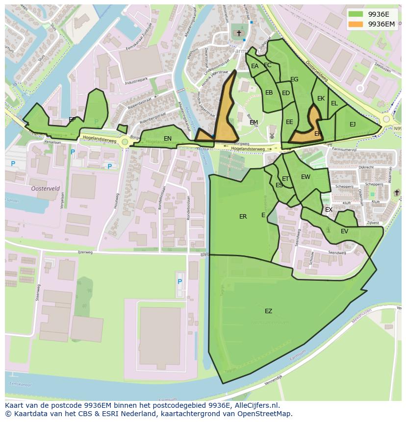 Afbeelding van het postcodegebied 9936 EM op de kaart.