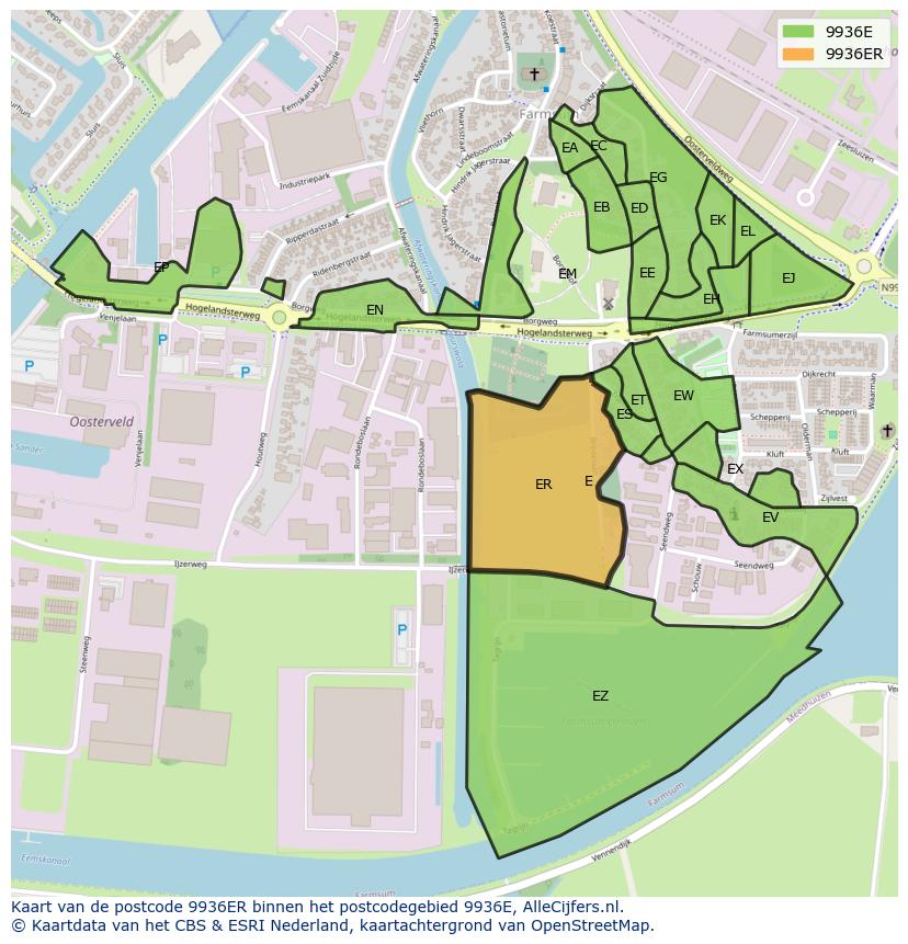 Afbeelding van het postcodegebied 9936 ER op de kaart.