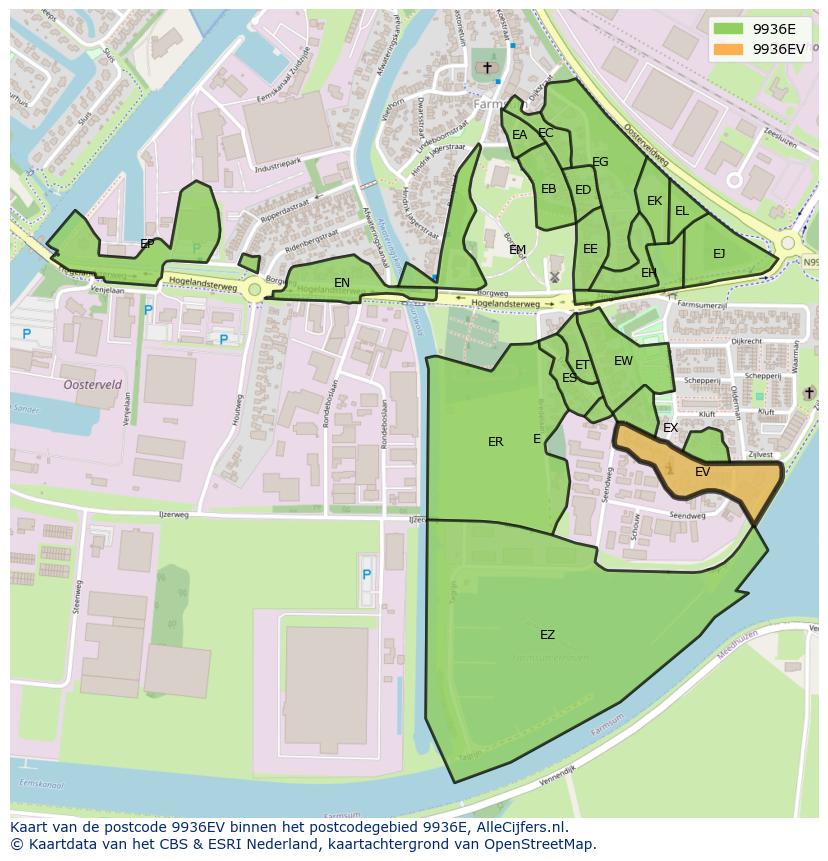 Afbeelding van het postcodegebied 9936 EV op de kaart.