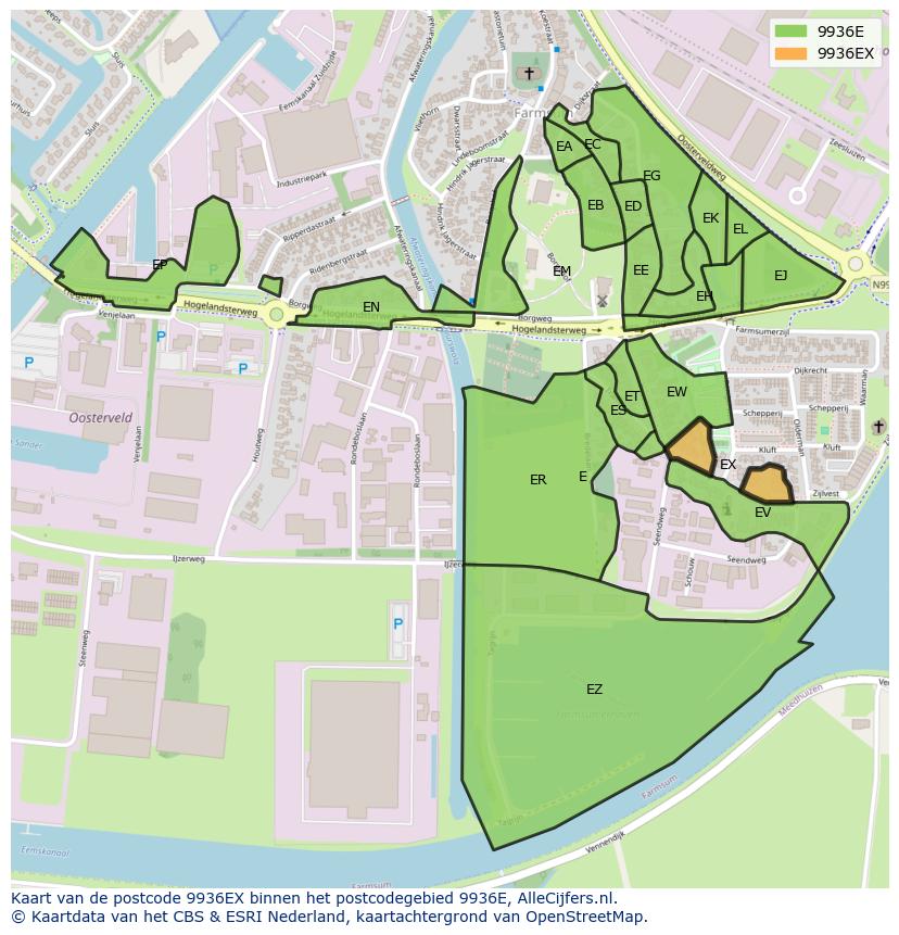 Afbeelding van het postcodegebied 9936 EX op de kaart.