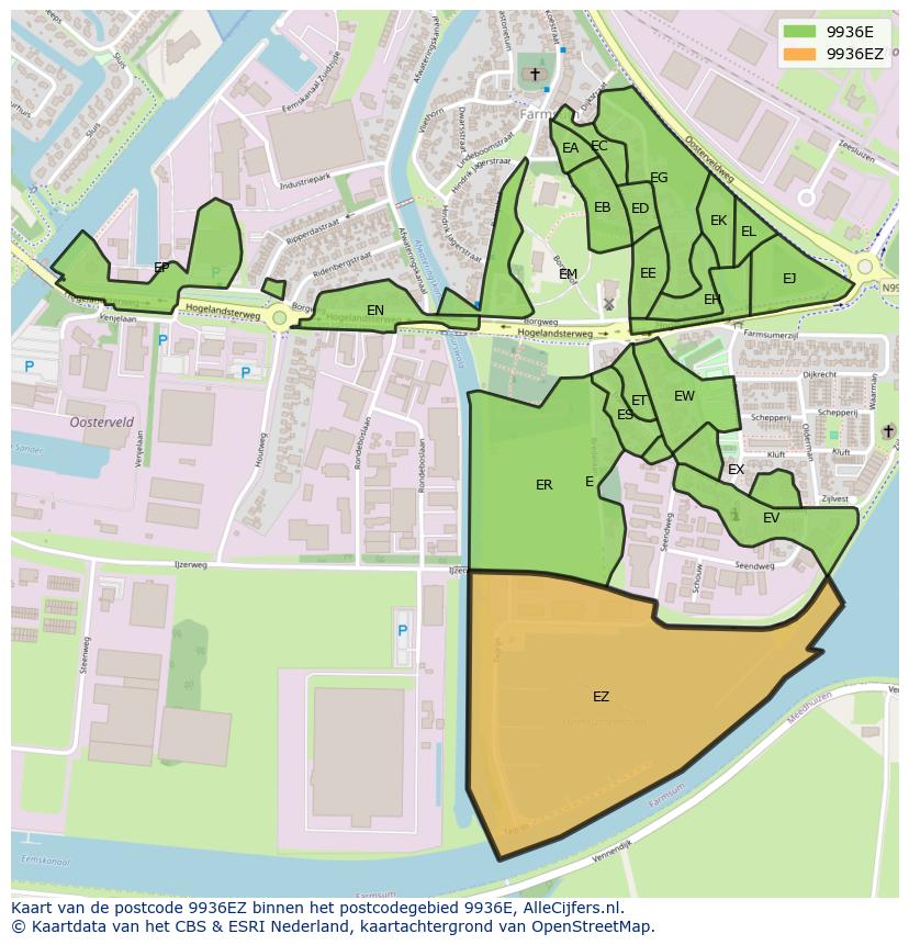 Afbeelding van het postcodegebied 9936 EZ op de kaart.