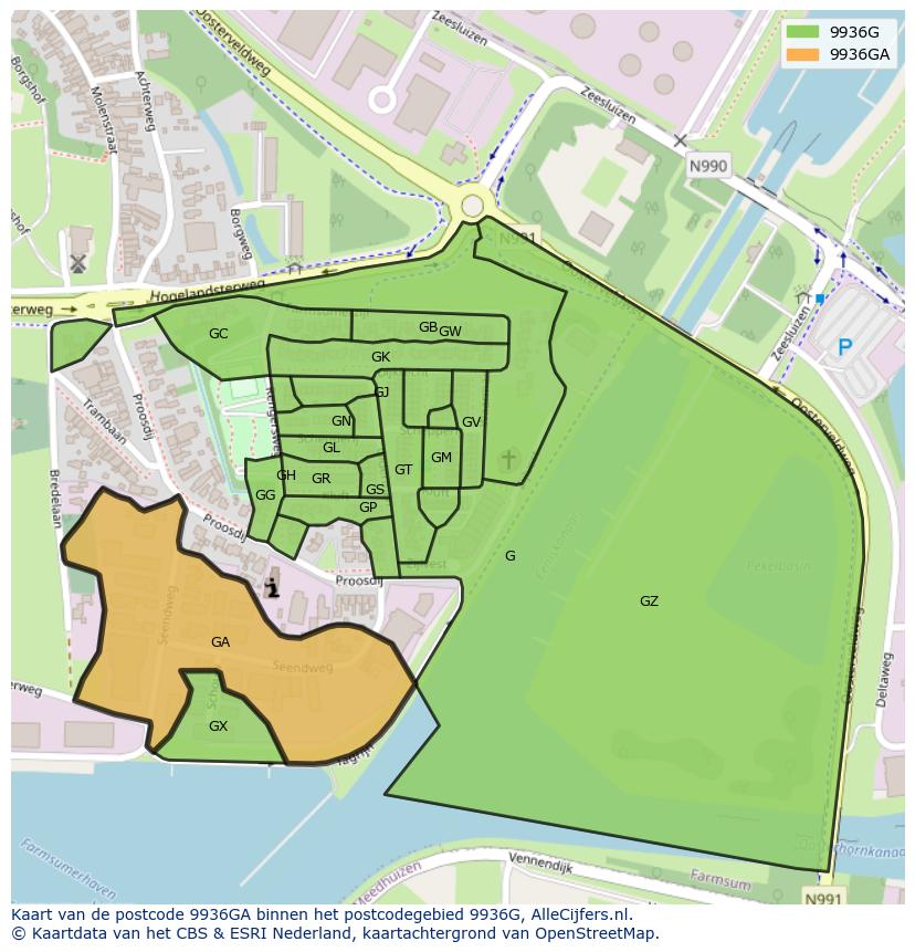 Afbeelding van het postcodegebied 9936 GA op de kaart.