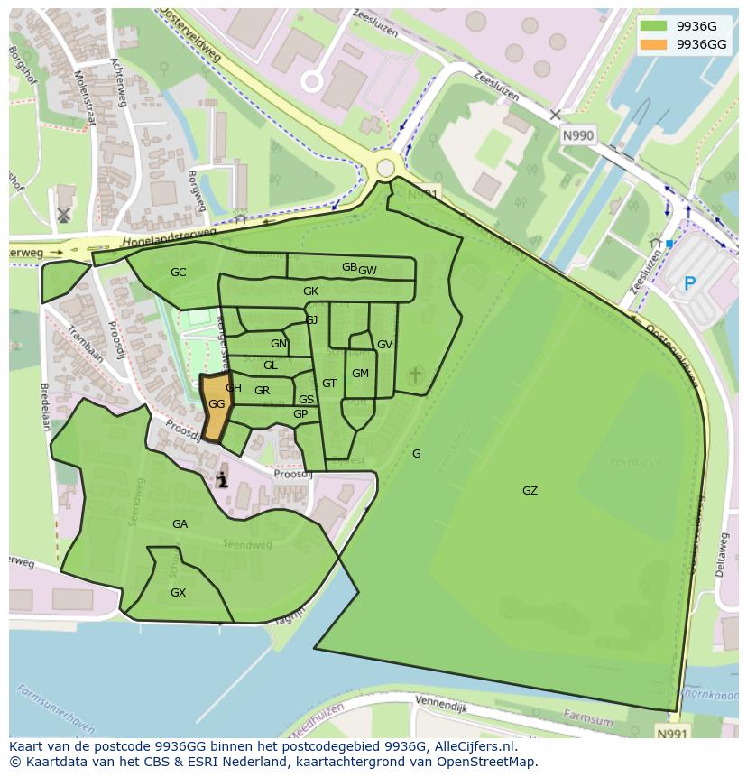 Afbeelding van het postcodegebied 9936 GG op de kaart.