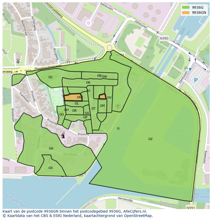 Afbeelding van het postcodegebied 9936 GN op de kaart.