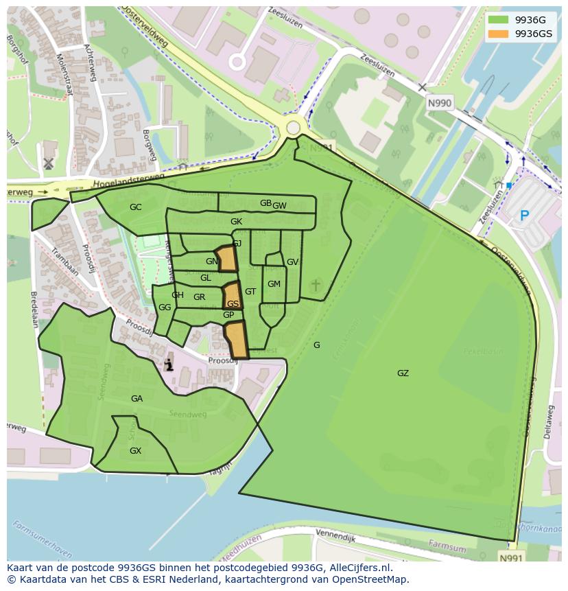 Afbeelding van het postcodegebied 9936 GS op de kaart.