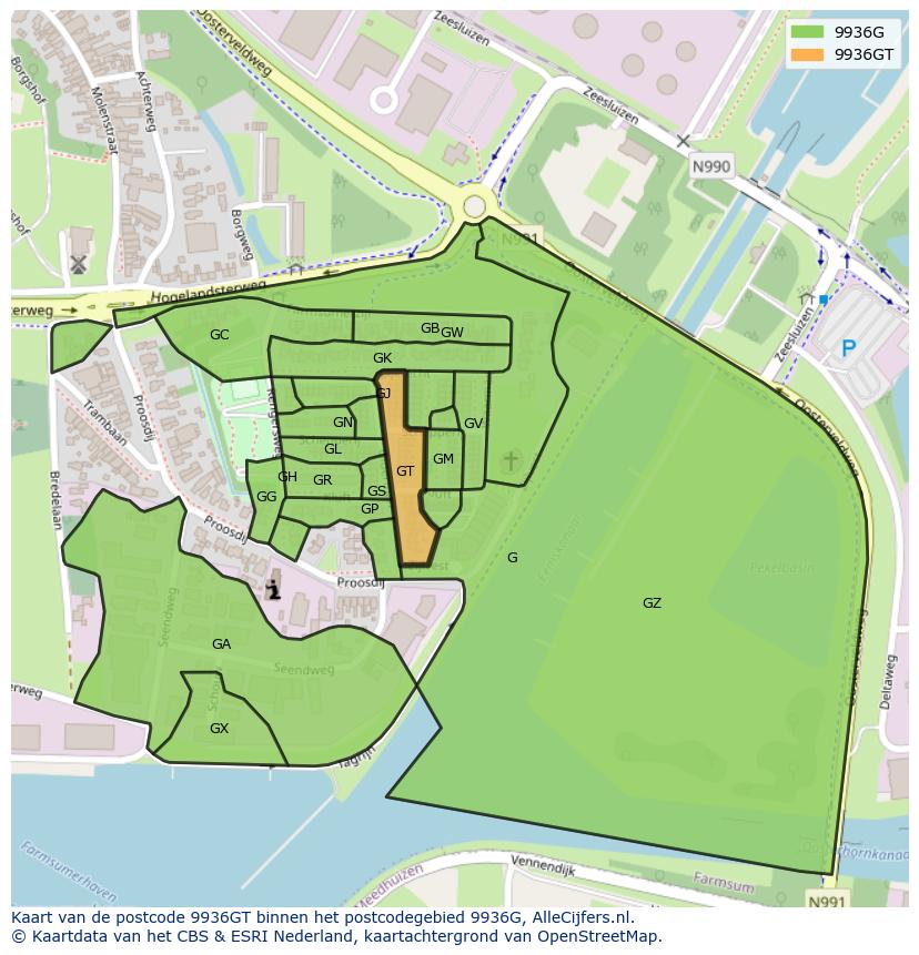 Afbeelding van het postcodegebied 9936 GT op de kaart.