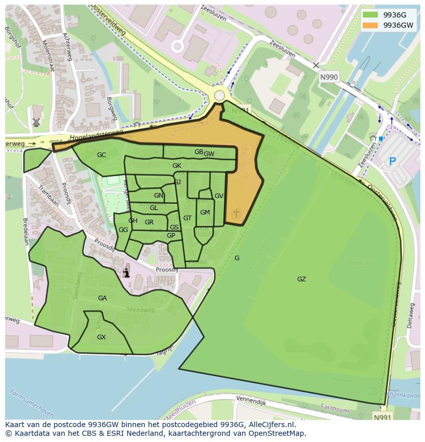 Afbeelding van het postcodegebied 9936 GW op de kaart.