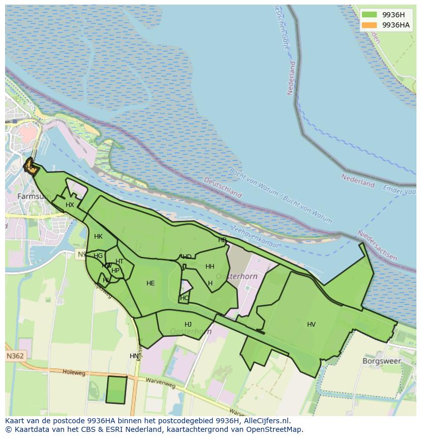 Afbeelding van het postcodegebied 9936 HA op de kaart.