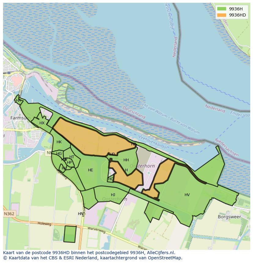 Afbeelding van het postcodegebied 9936 HD op de kaart.