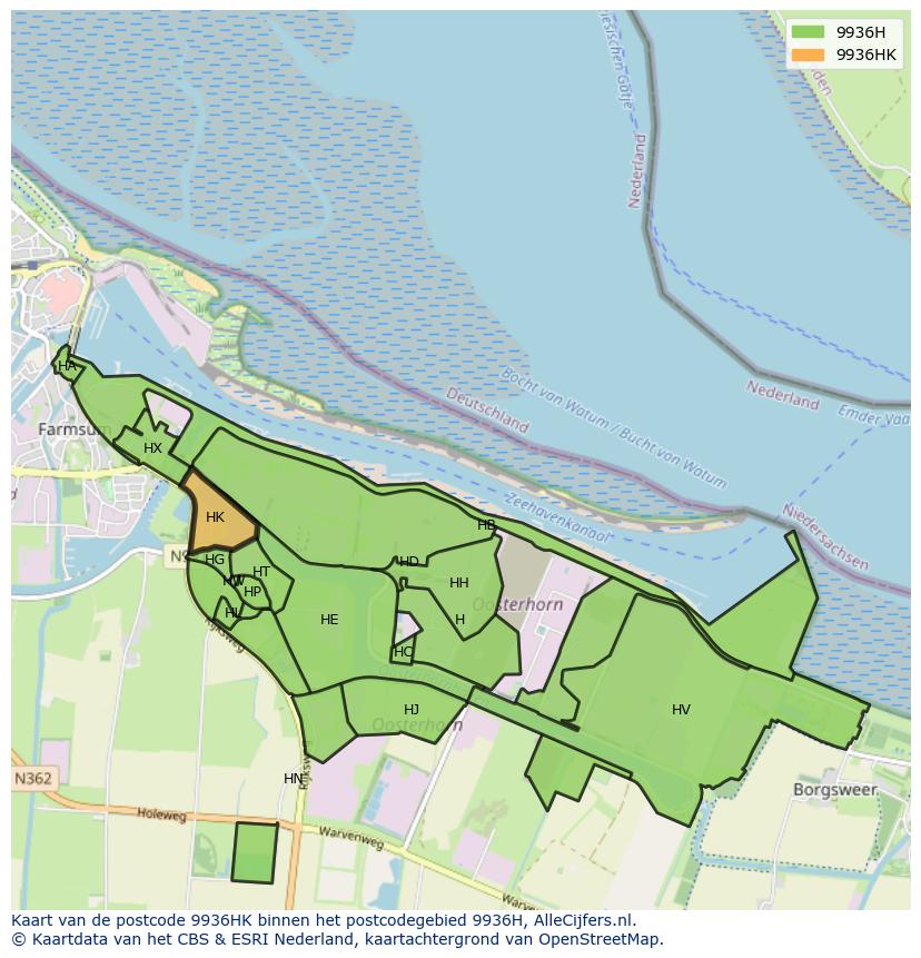 Afbeelding van het postcodegebied 9936 HK op de kaart.