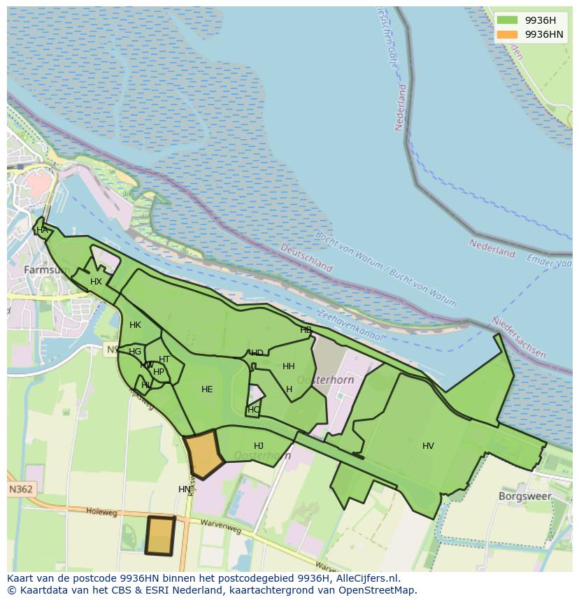 Afbeelding van het postcodegebied 9936 HN op de kaart.