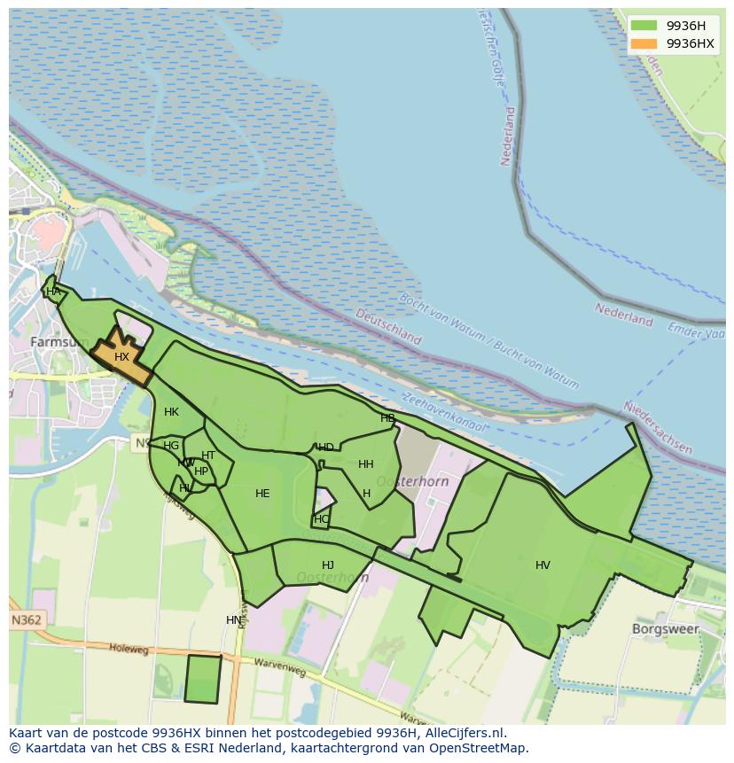 Afbeelding van het postcodegebied 9936 HX op de kaart.