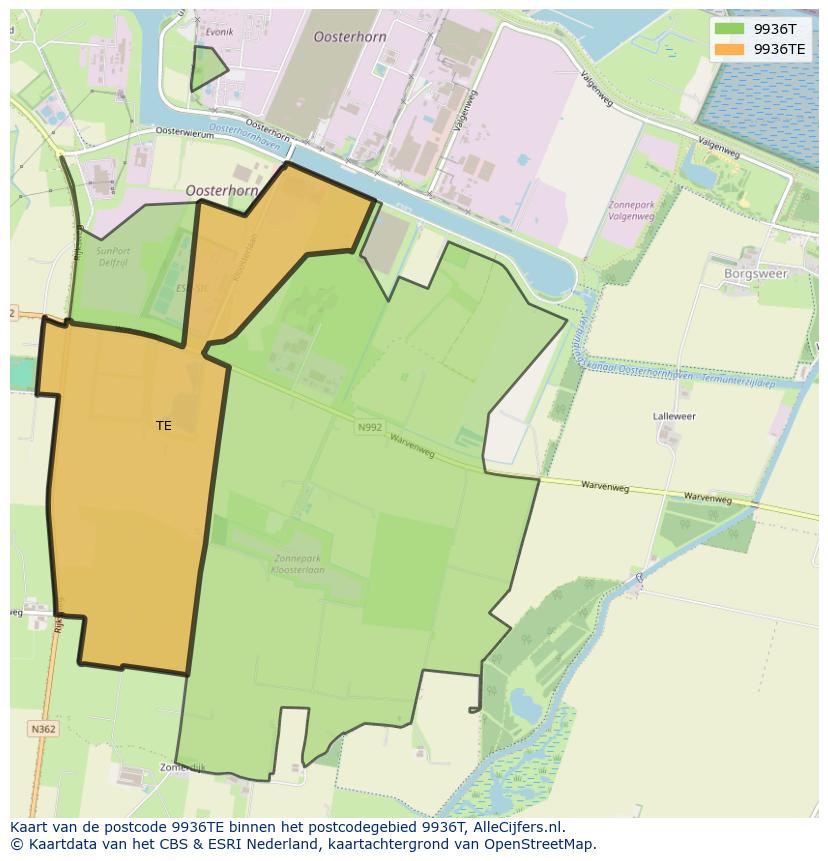 Afbeelding van het postcodegebied 9936 TE op de kaart.