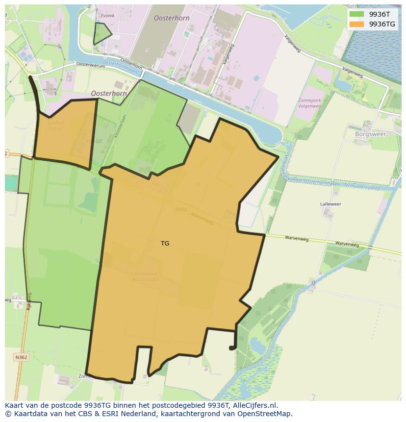 Afbeelding van het postcodegebied 9936 TG op de kaart.