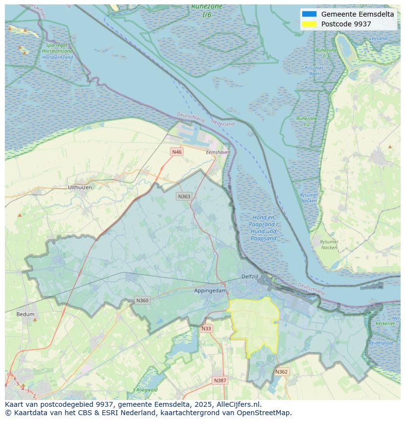 Afbeelding van het postcodegebied 9937 op de kaart.