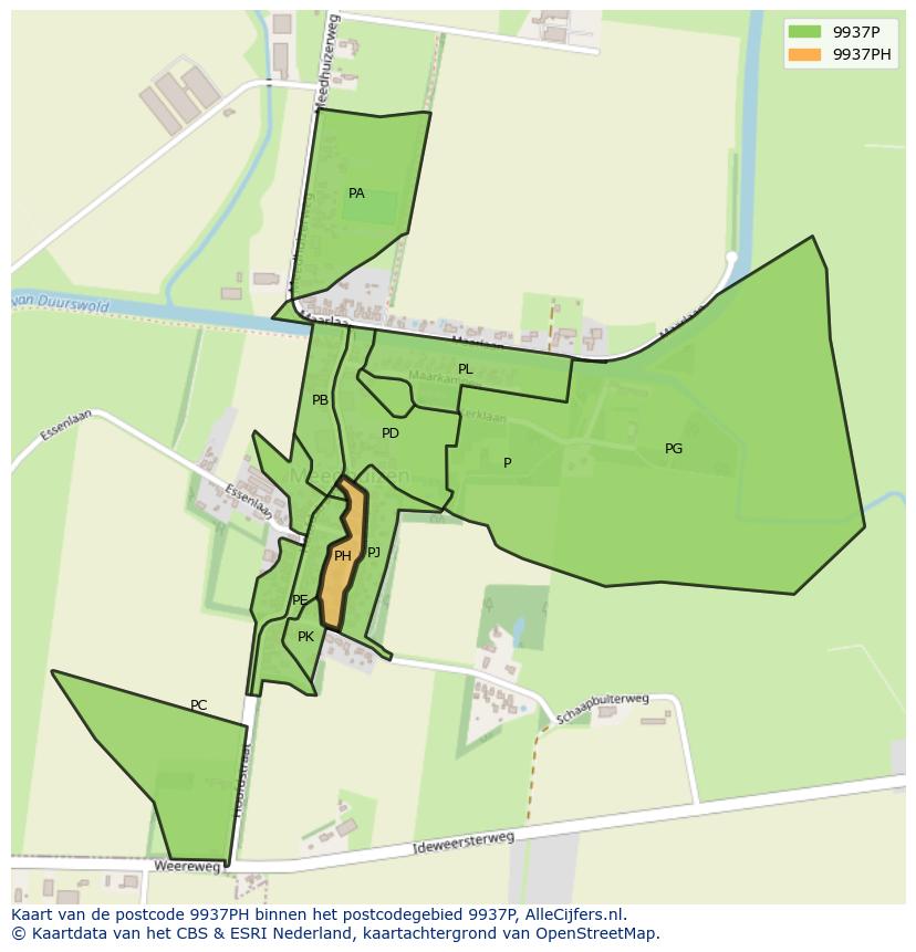 Afbeelding van het postcodegebied 9937 PH op de kaart.