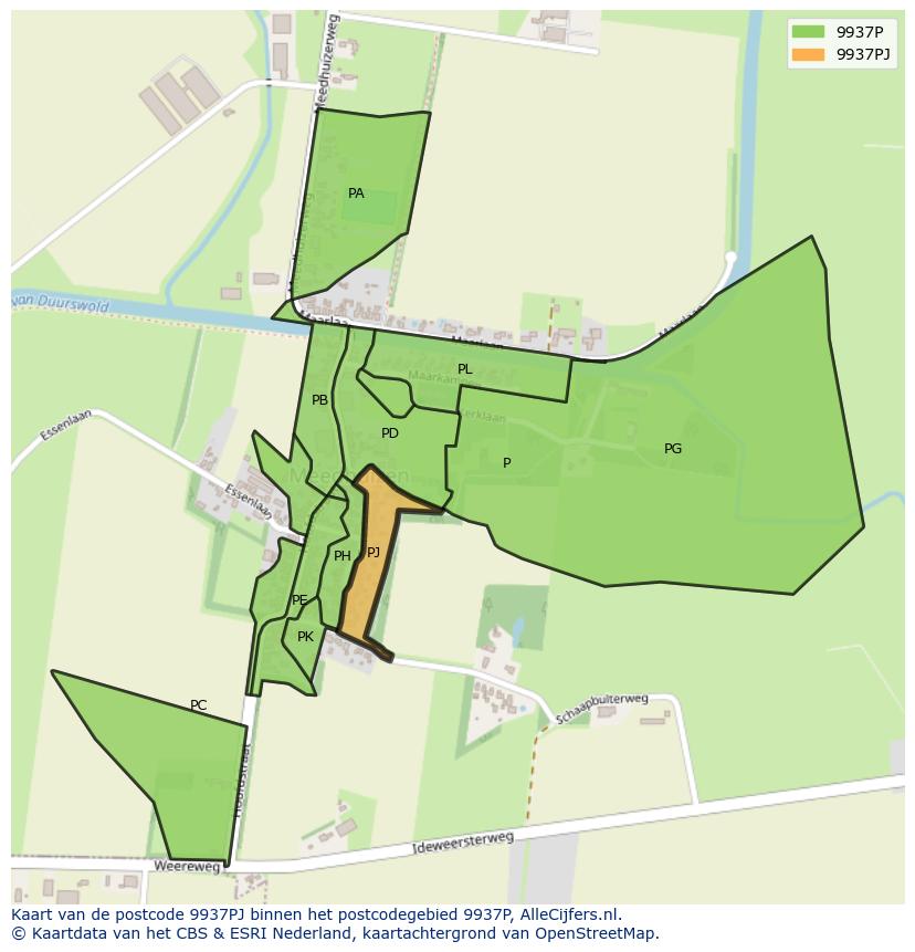 Afbeelding van het postcodegebied 9937 PJ op de kaart.