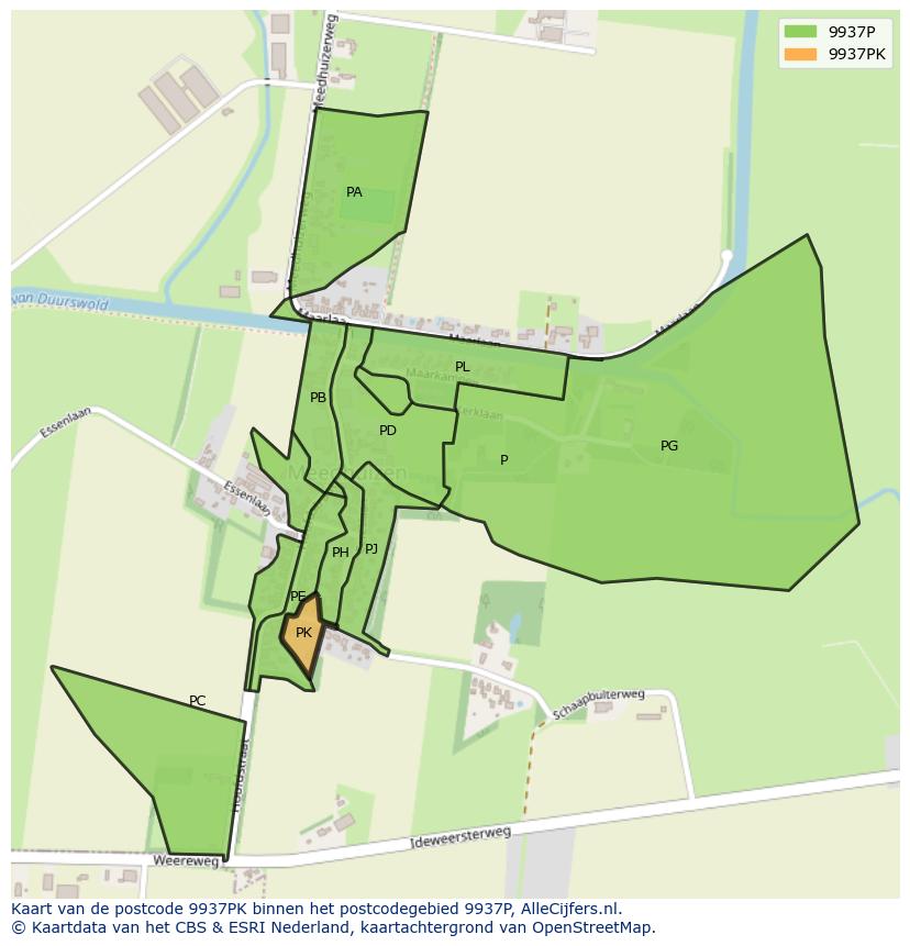 Afbeelding van het postcodegebied 9937 PK op de kaart.