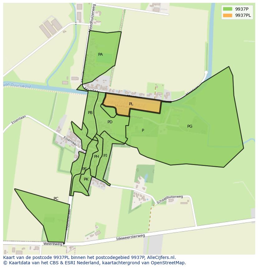Afbeelding van het postcodegebied 9937 PL op de kaart.