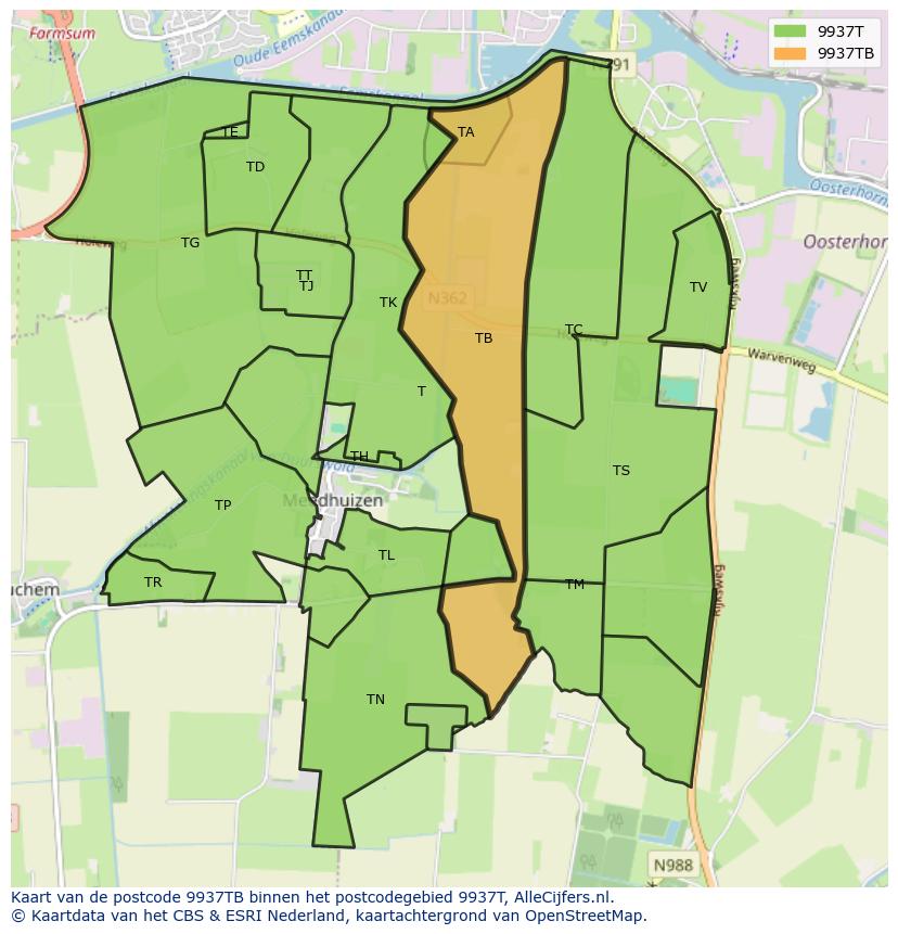 Afbeelding van het postcodegebied 9937 TB op de kaart.