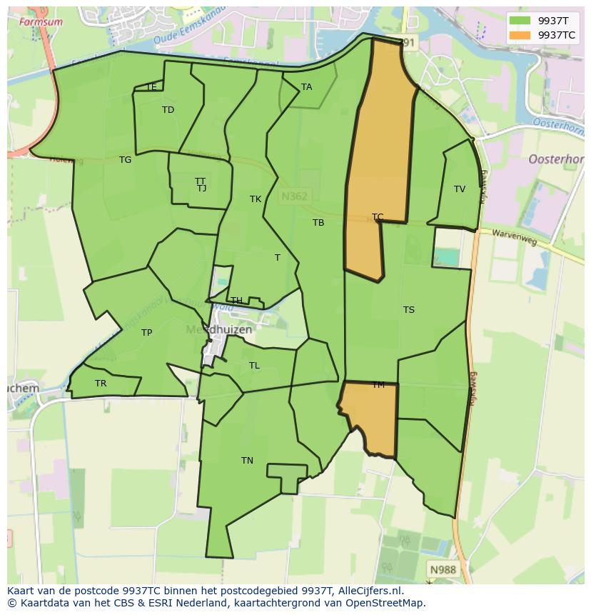 Afbeelding van het postcodegebied 9937 TC op de kaart.
