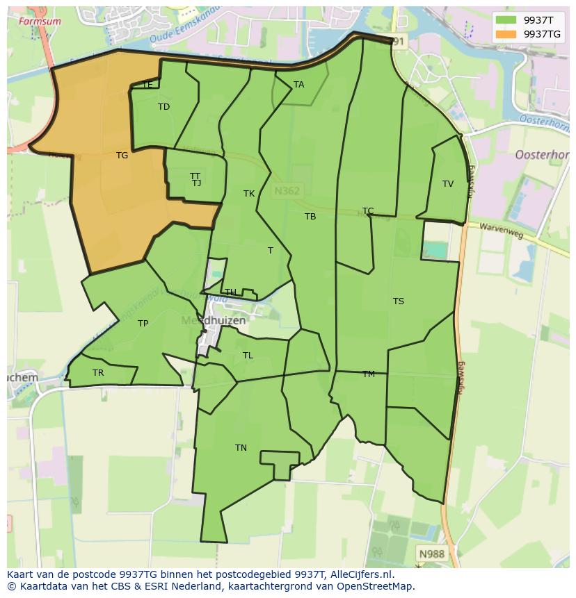 Afbeelding van het postcodegebied 9937 TG op de kaart.