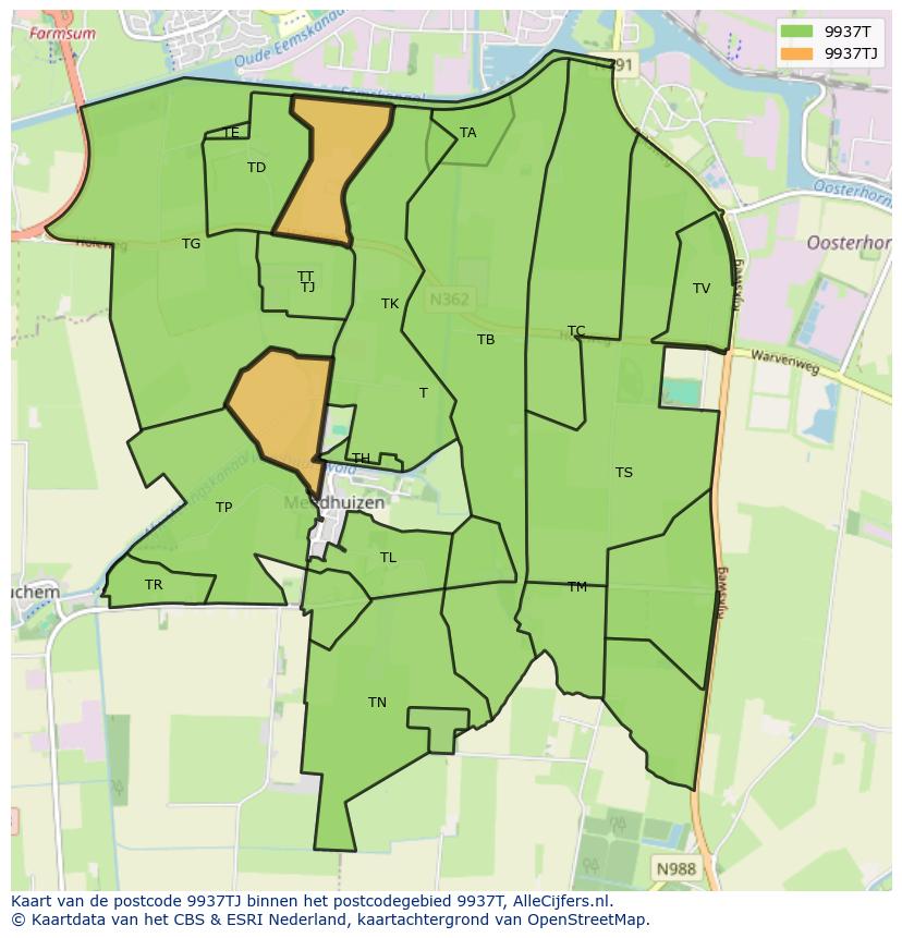 Afbeelding van het postcodegebied 9937 TJ op de kaart.