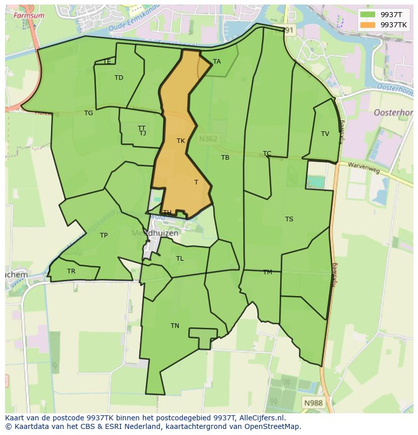 Afbeelding van het postcodegebied 9937 TK op de kaart.