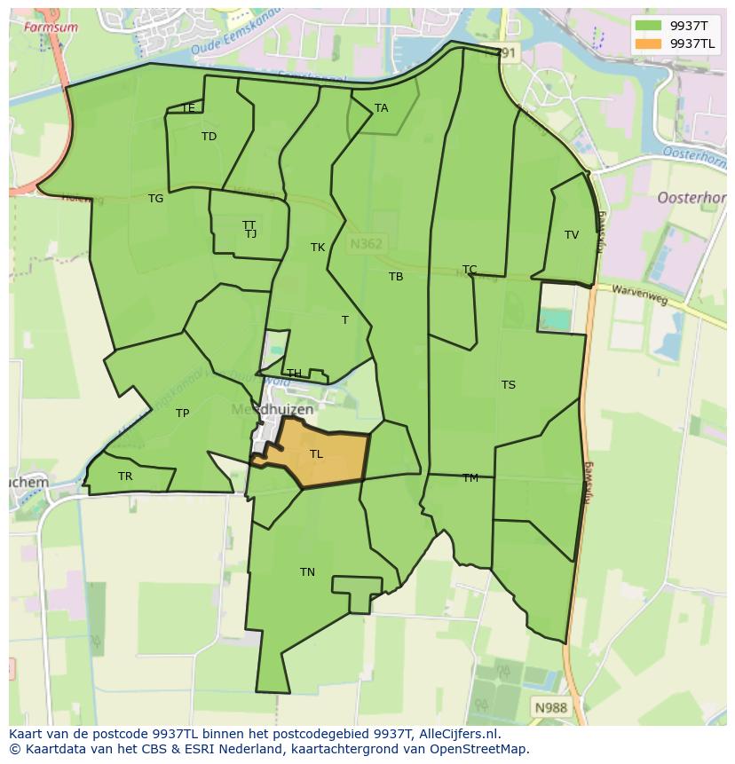 Afbeelding van het postcodegebied 9937 TL op de kaart.