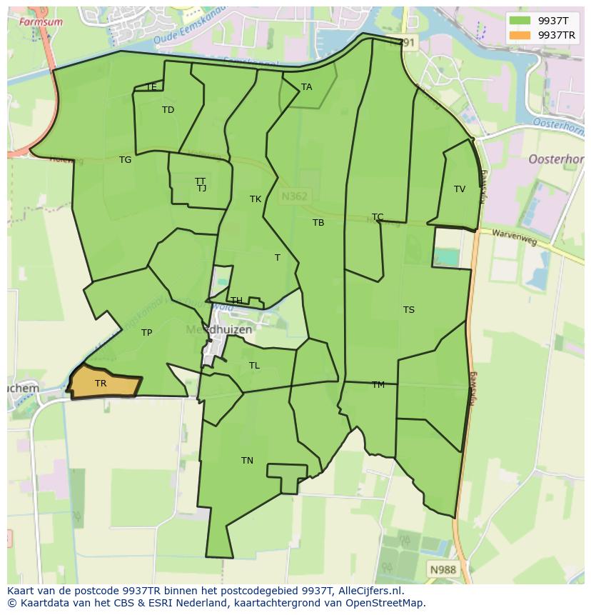 Afbeelding van het postcodegebied 9937 TR op de kaart.