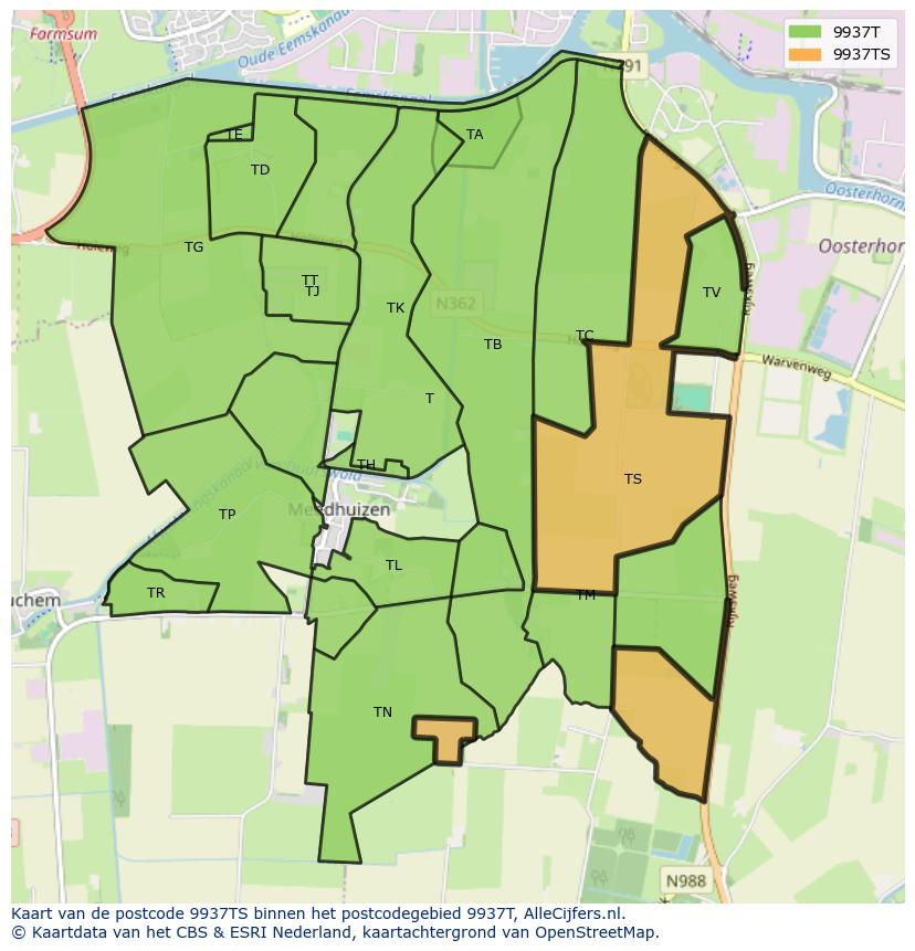 Afbeelding van het postcodegebied 9937 TS op de kaart.