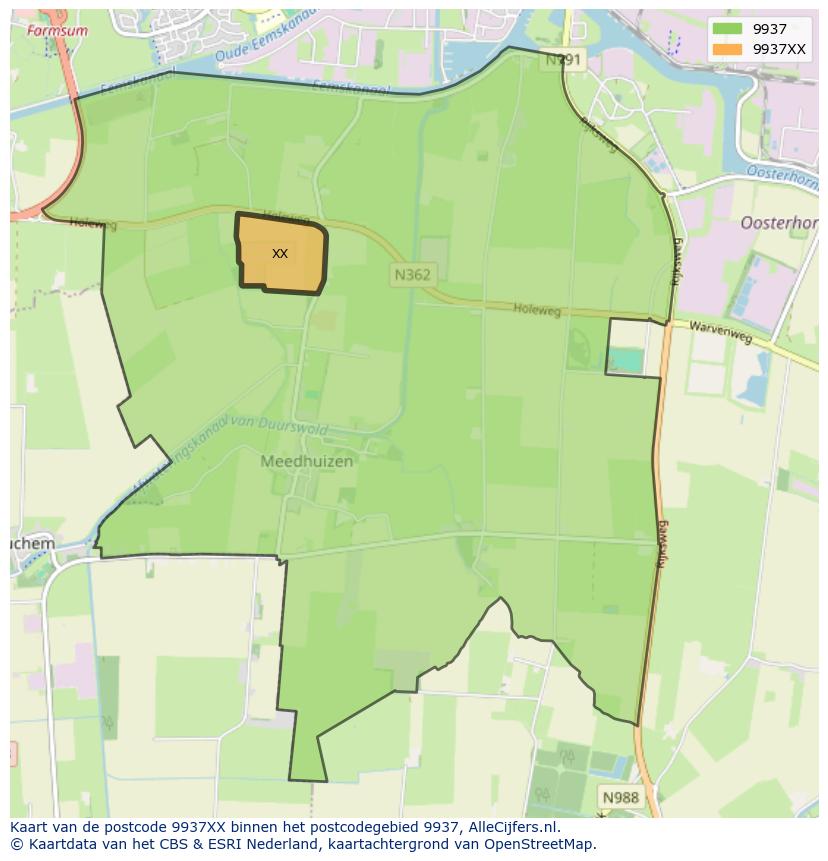 Afbeelding van het postcodegebied 9937 XX op de kaart.