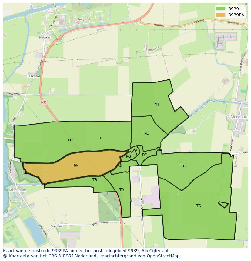 Afbeelding van het postcodegebied 9939 PA op de kaart.