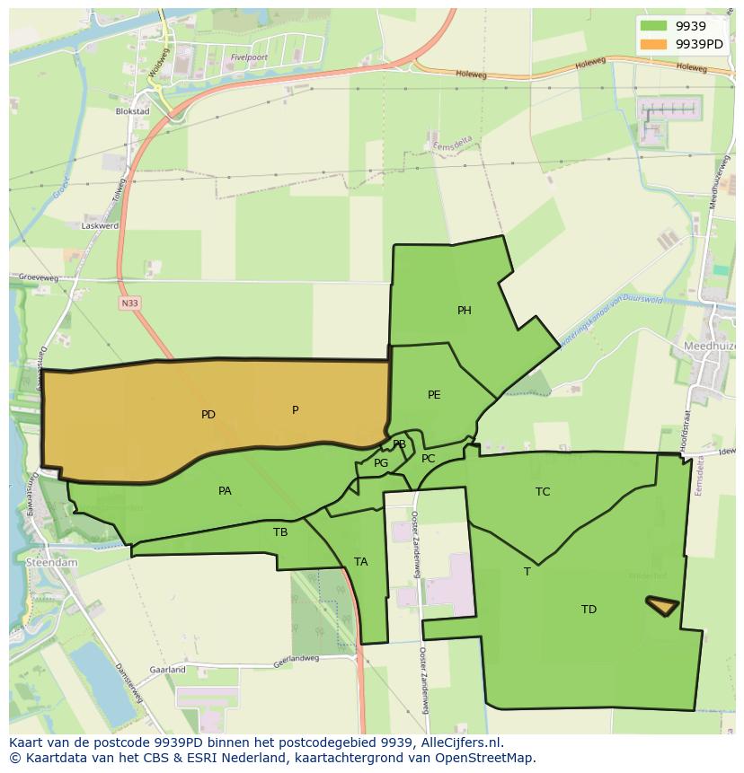Afbeelding van het postcodegebied 9939 PD op de kaart.
