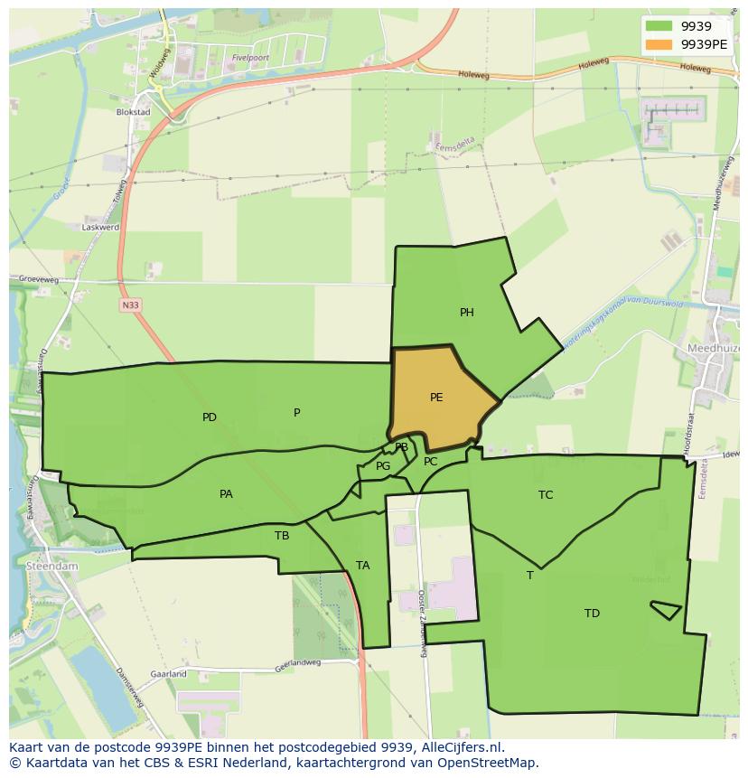 Afbeelding van het postcodegebied 9939 PE op de kaart.
