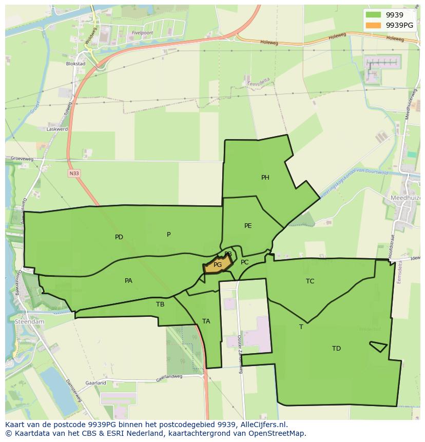Afbeelding van het postcodegebied 9939 PG op de kaart.