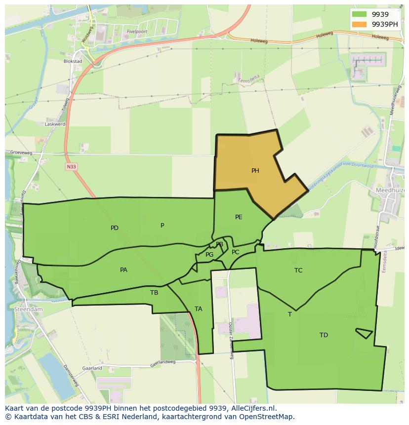 Afbeelding van het postcodegebied 9939 PH op de kaart.