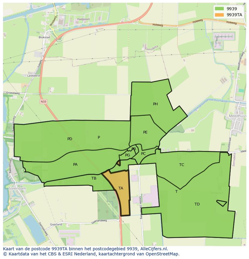 Afbeelding van het postcodegebied 9939 TA op de kaart.