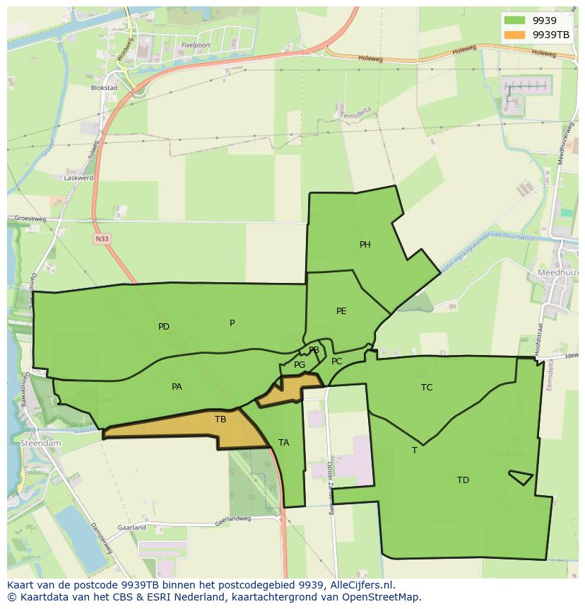 Afbeelding van het postcodegebied 9939 TB op de kaart.