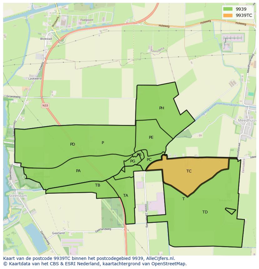 Afbeelding van het postcodegebied 9939 TC op de kaart.