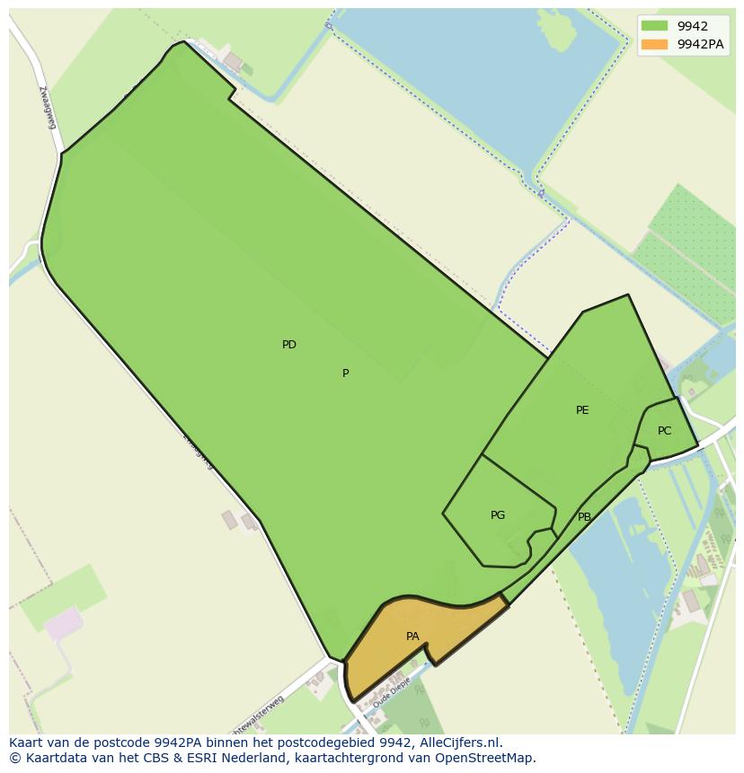 Afbeelding van het postcodegebied 9942 PA op de kaart.