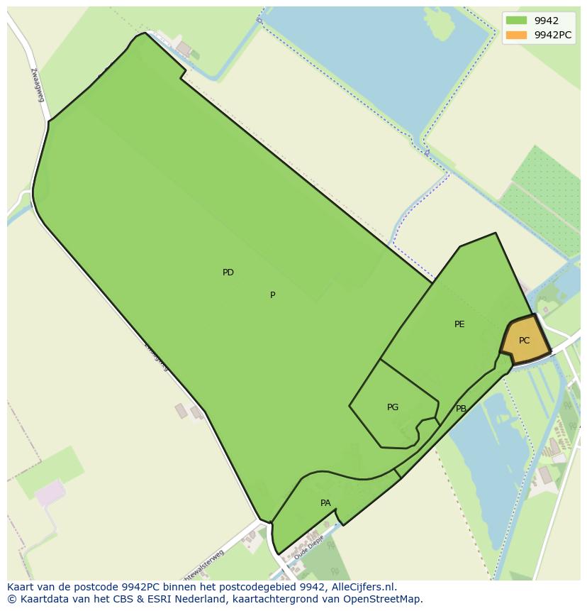 Afbeelding van het postcodegebied 9942 PC op de kaart.