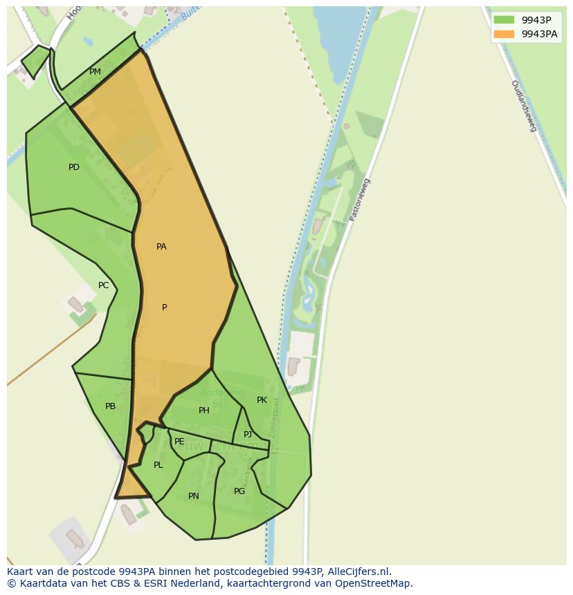 Afbeelding van het postcodegebied 9943 PA op de kaart.