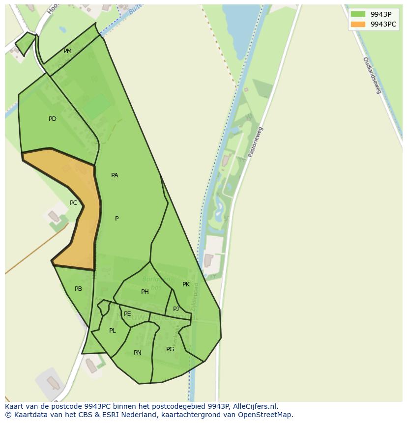 Afbeelding van het postcodegebied 9943 PC op de kaart.