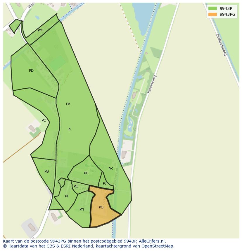 Afbeelding van het postcodegebied 9943 PG op de kaart.