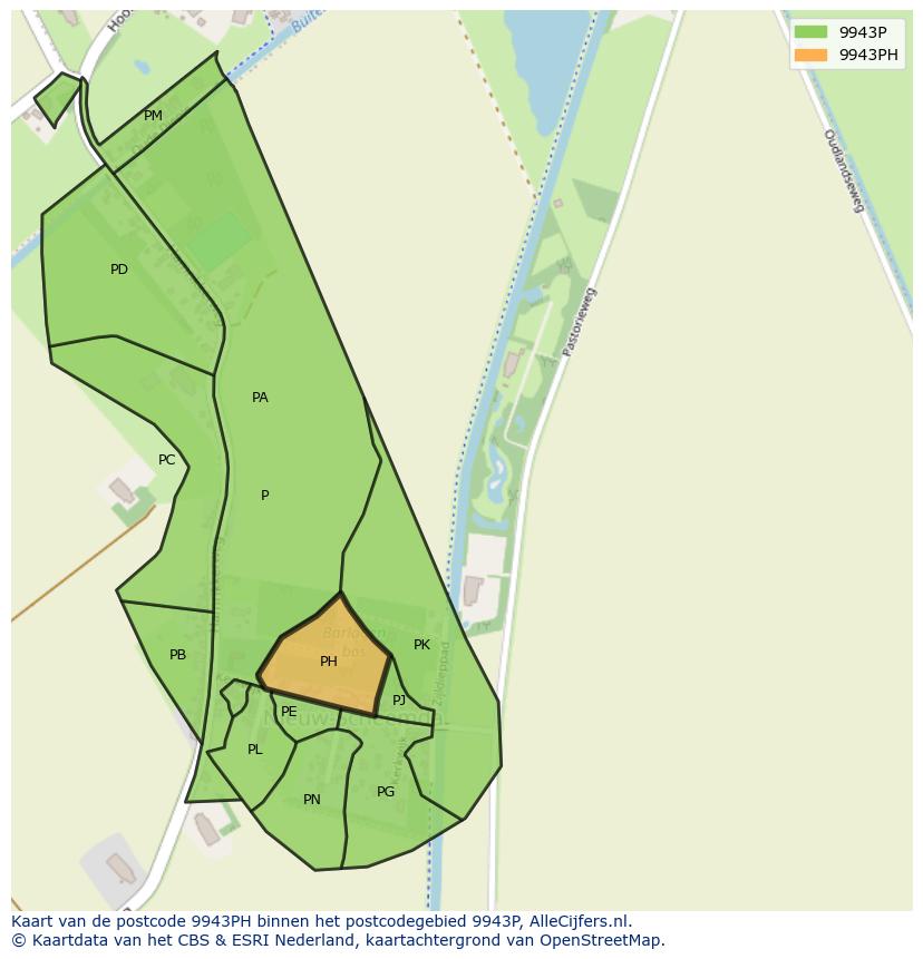 Afbeelding van het postcodegebied 9943 PH op de kaart.